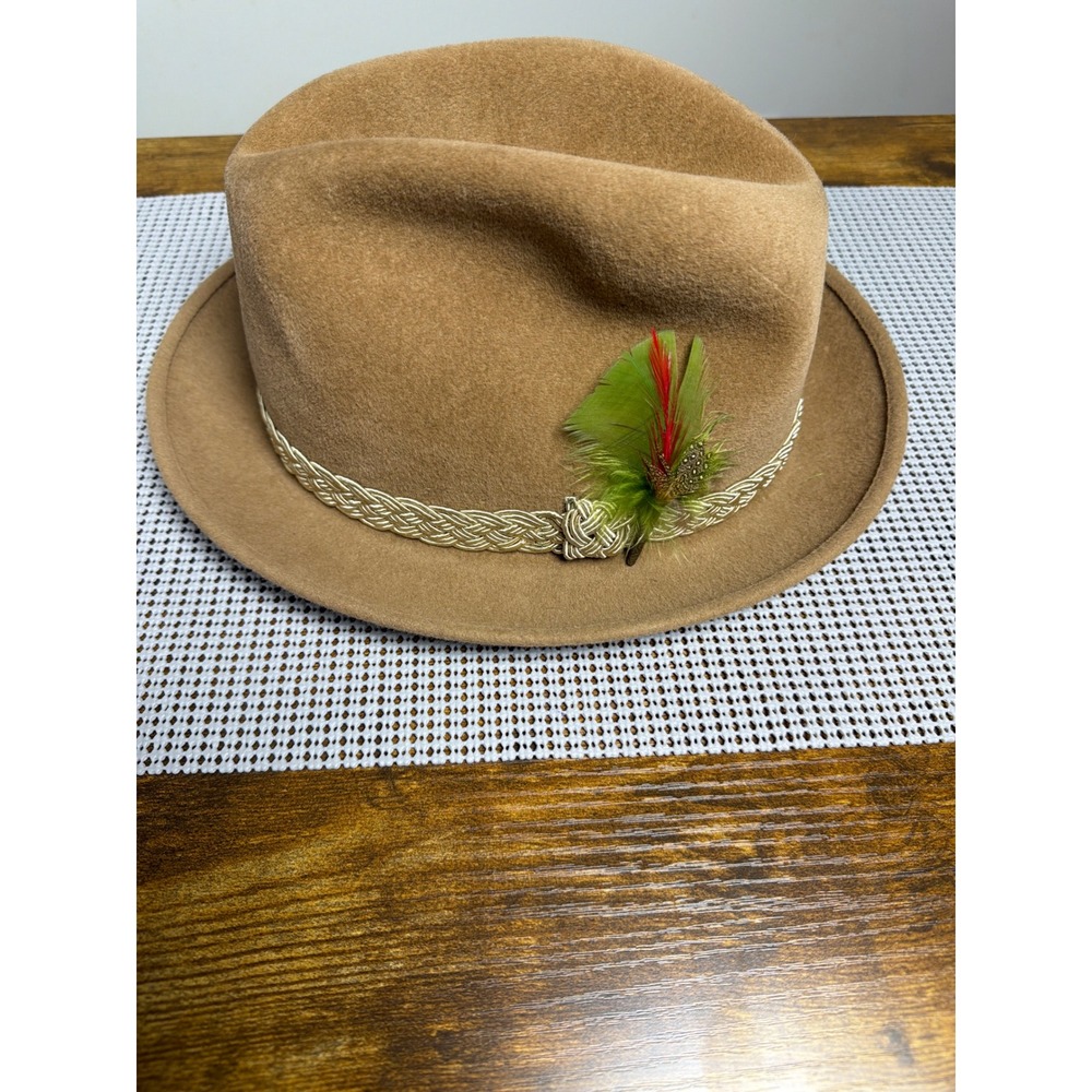 Vintage Bianchi Continental Styling Camel Tan Velour Fedora Hat Feather 7 1/8